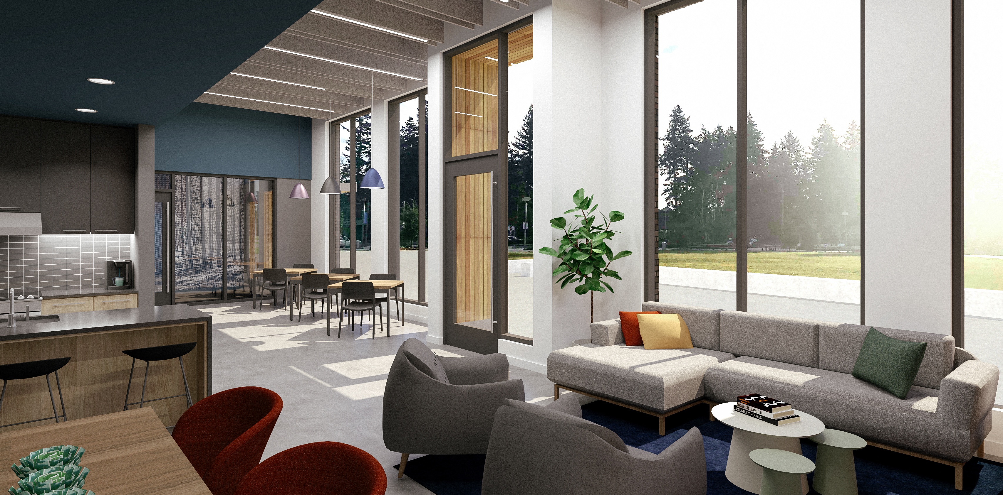 a rendering of a living room with a kitchen and dining area